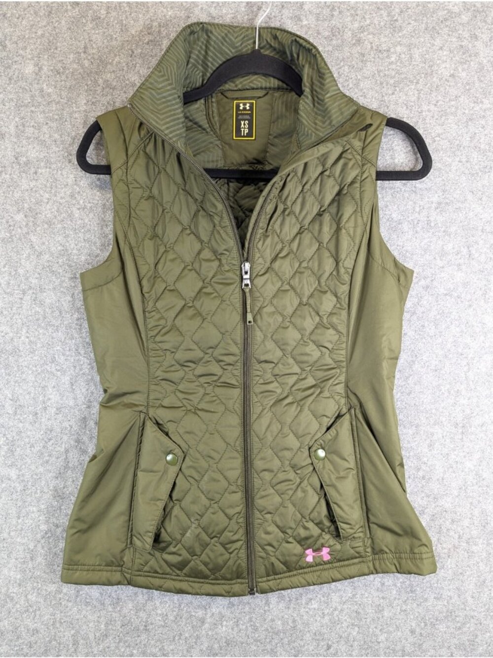 Under Armour UA Storm Womens XS Puffer Vest Olive Green Pink Logo Warm Fall